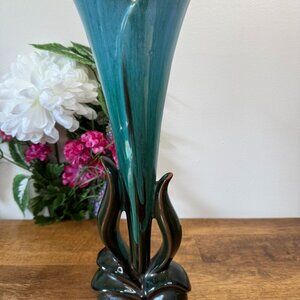 CCC Canadian Art Pottery Vase Mid-Century Modern Teal Green Sculptural Leaf Base